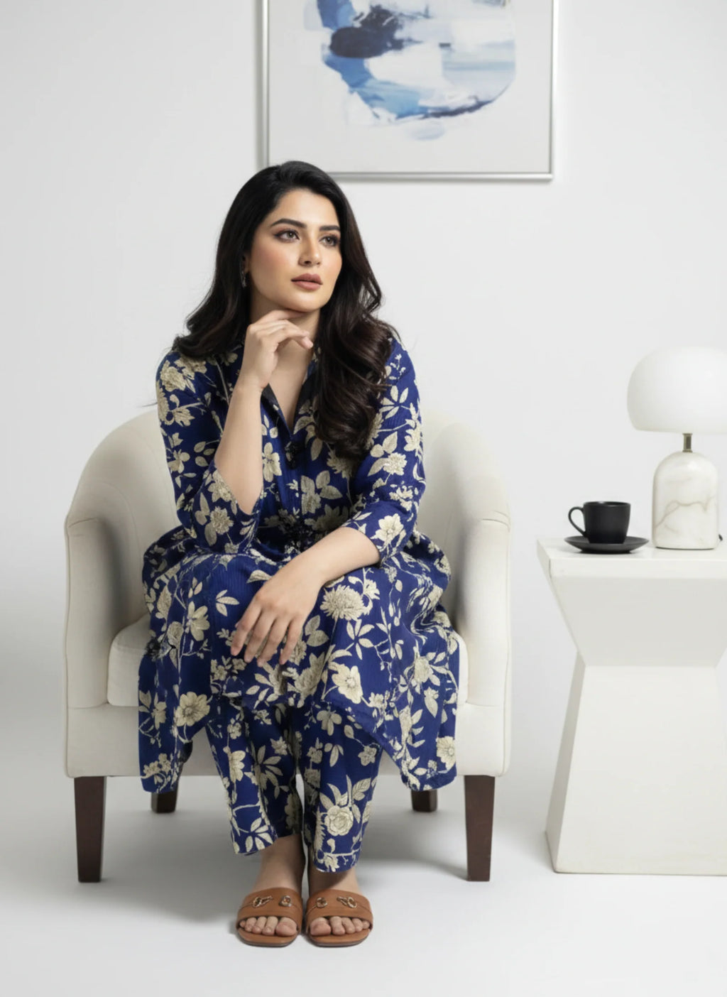2-Piece Royal Blue Floral Printed Suit
