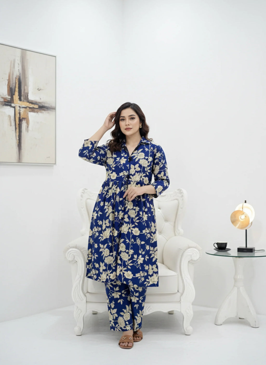 2-Piece Royal Blue Floral Printed Suit