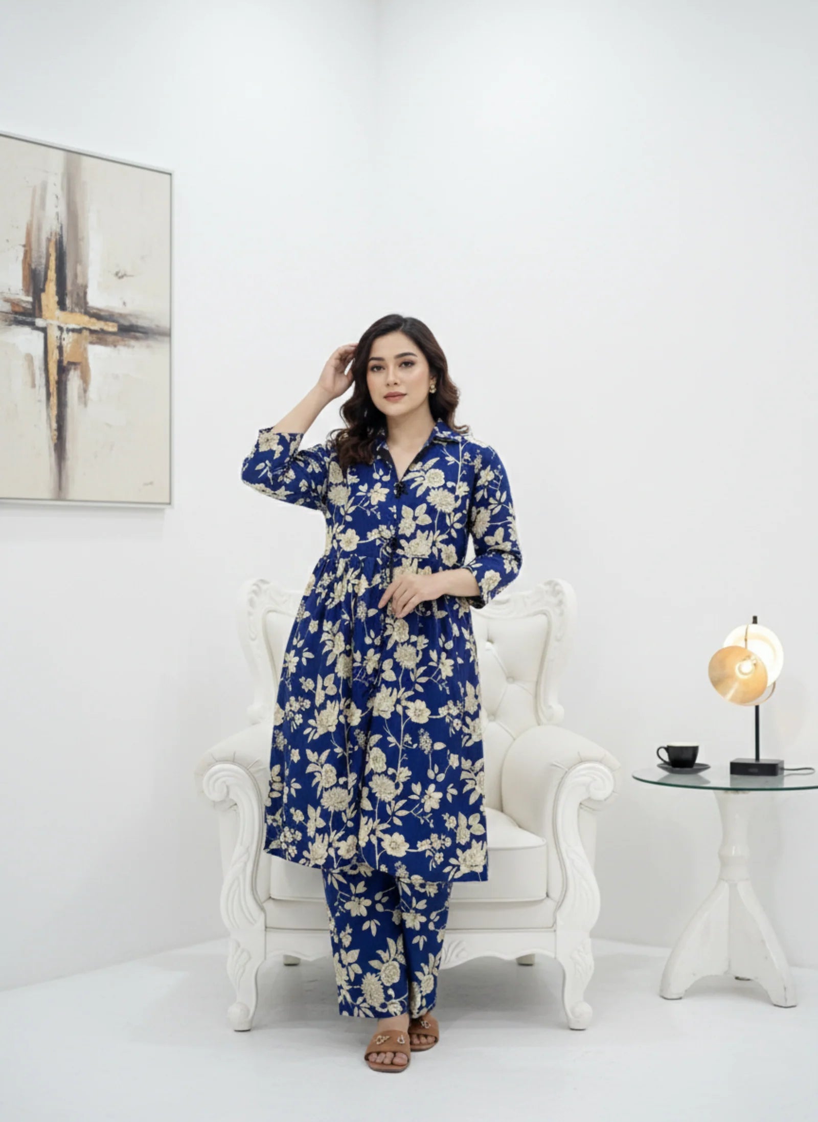 2-Piece Royal Blue Floral Printed Suit