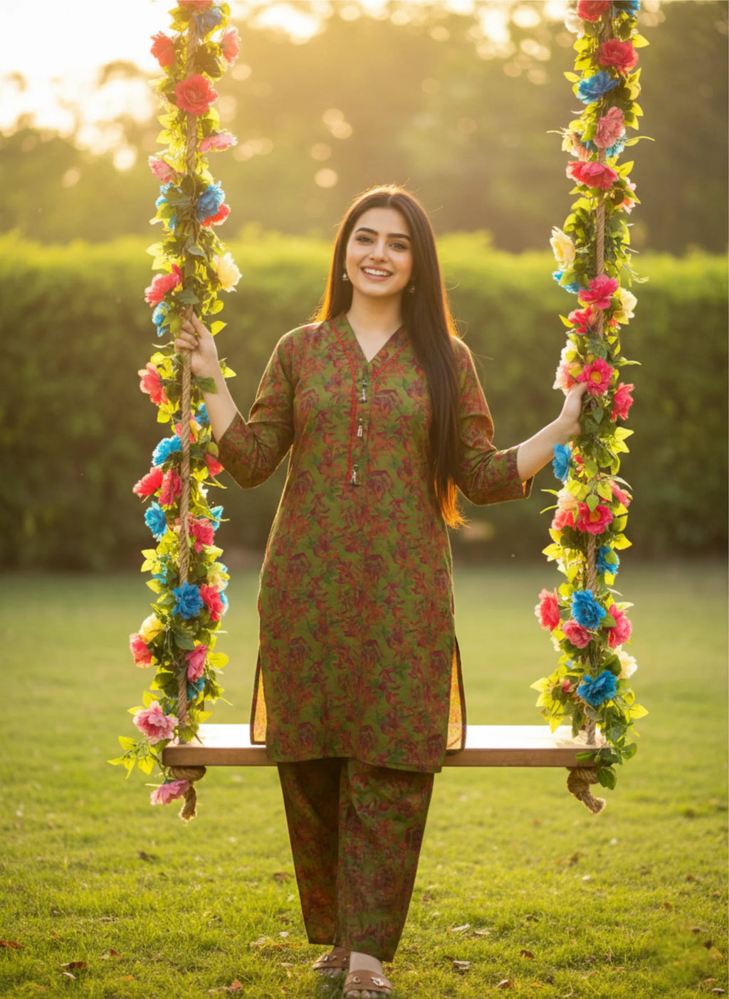 2-Piece Olive Green Floral  Suit
