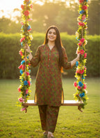 2-Piece Olive Green Floral  Suit