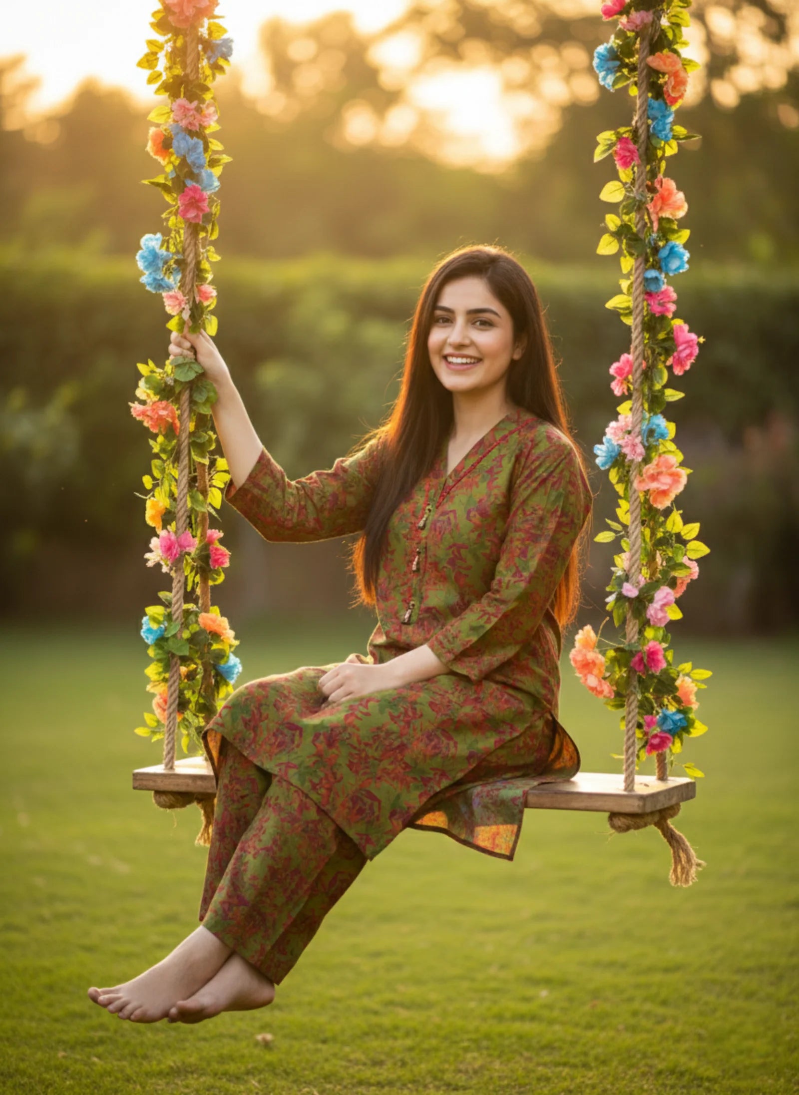 2-Piece Olive Green Floral  Suit