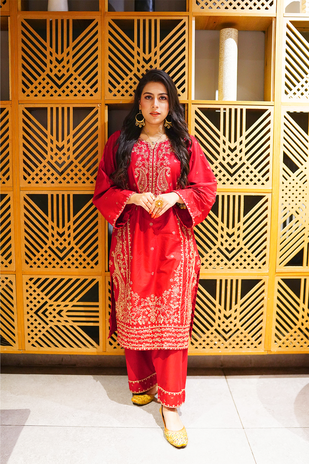 Elegant Red Embroidered Lawn Suit