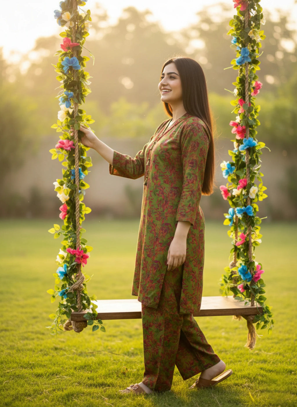 2-Piece Olive Green Floral  Suit