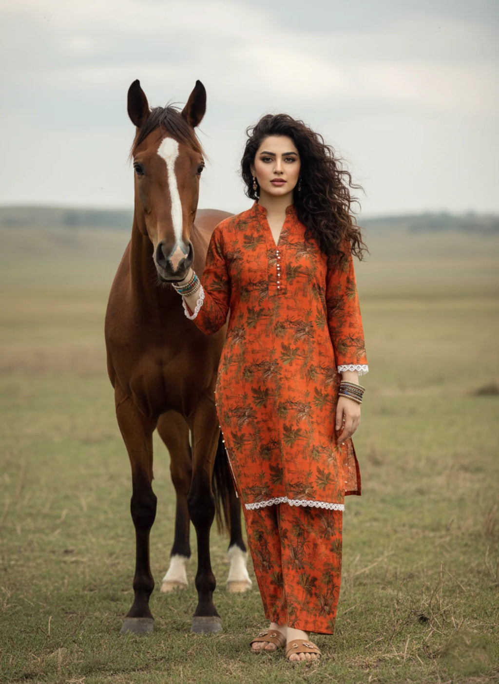 2-Piece Orange  Rust Printed Suit