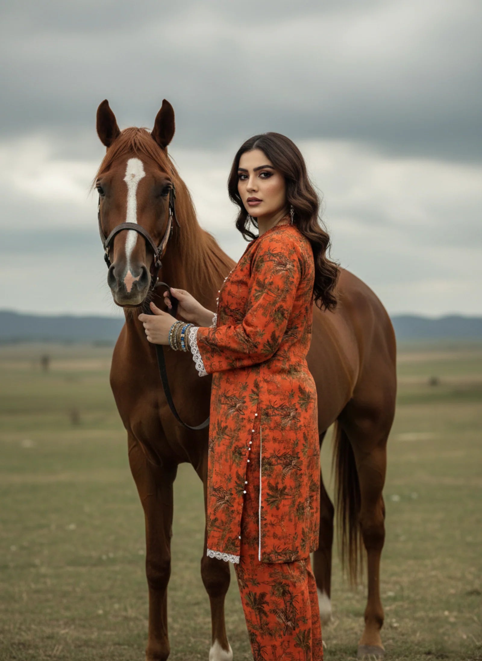 2-Piece Orange  Rust Printed Suit