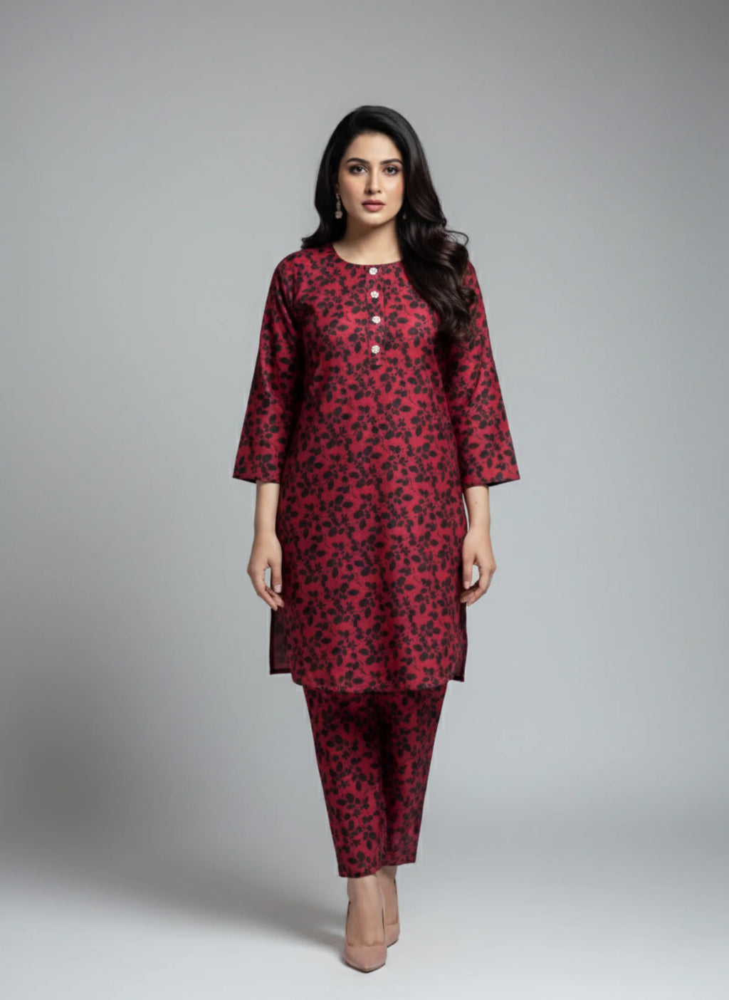 2-Piece Maroon Floral Printed  Suit