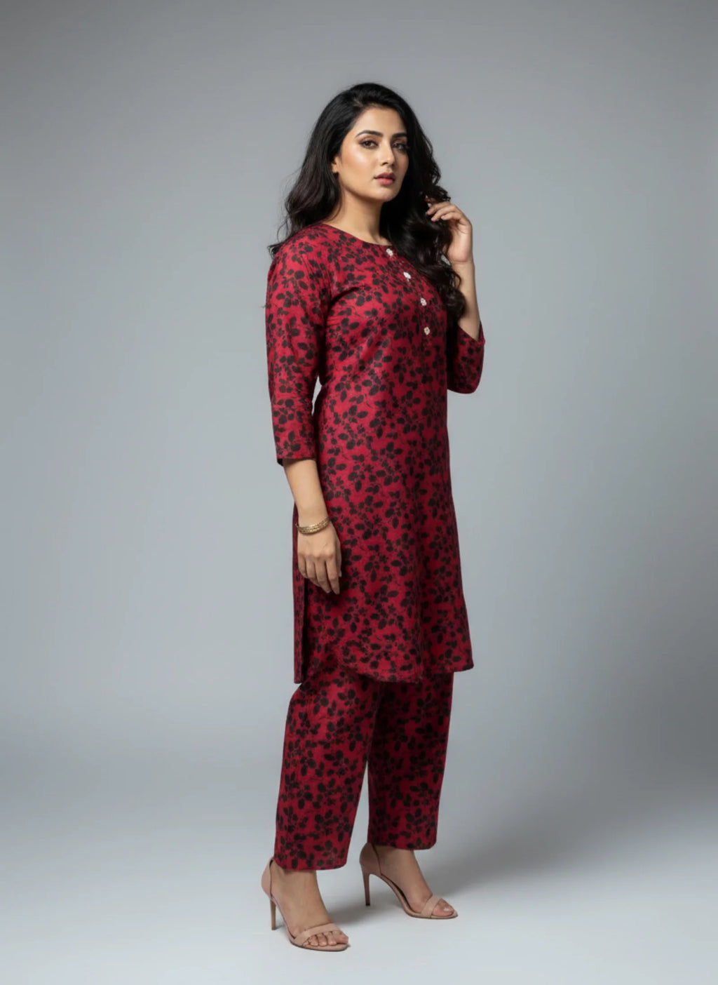 2-Piece Maroon Floral Printed  Suit