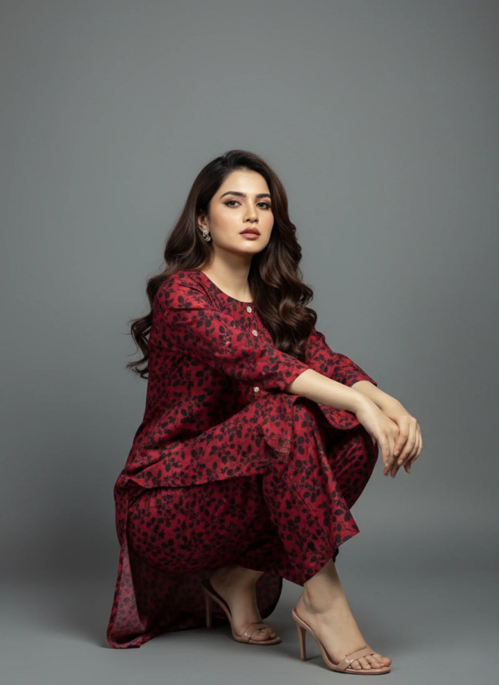 2-Piece Maroon Floral Printed  Suit