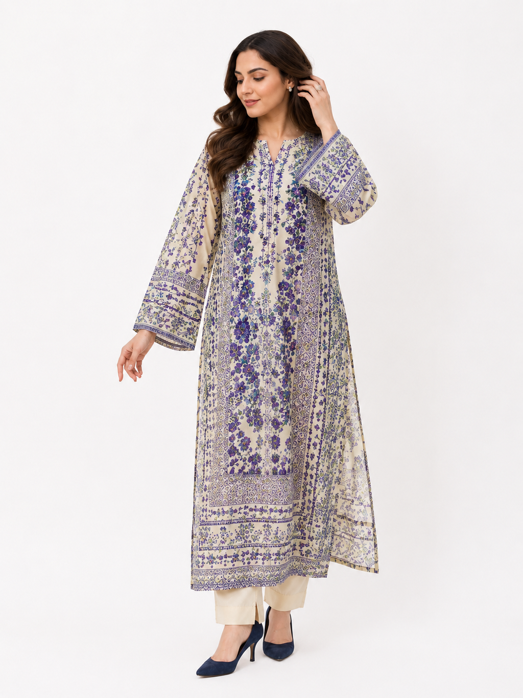 2PC Royal Blue & Ivory Printed Kaftan