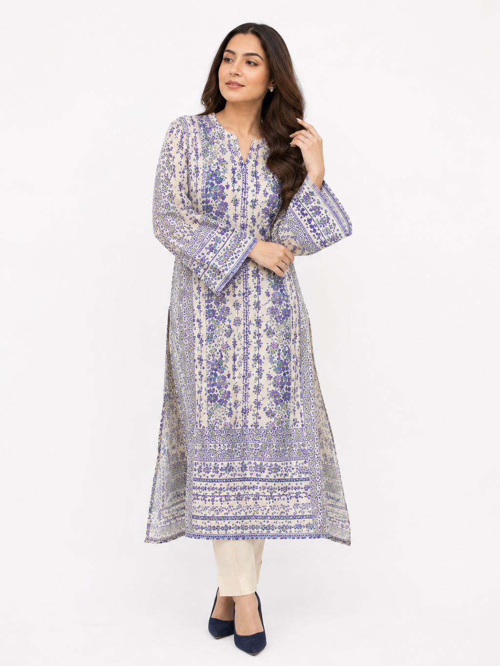 2PC Royal Blue & Ivory Printed Kaftan