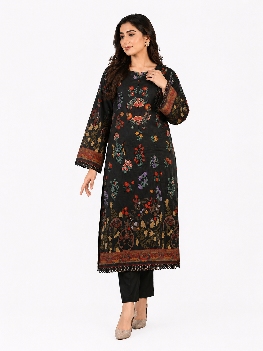 2PC Midnight Black Floral Printed Kaftan