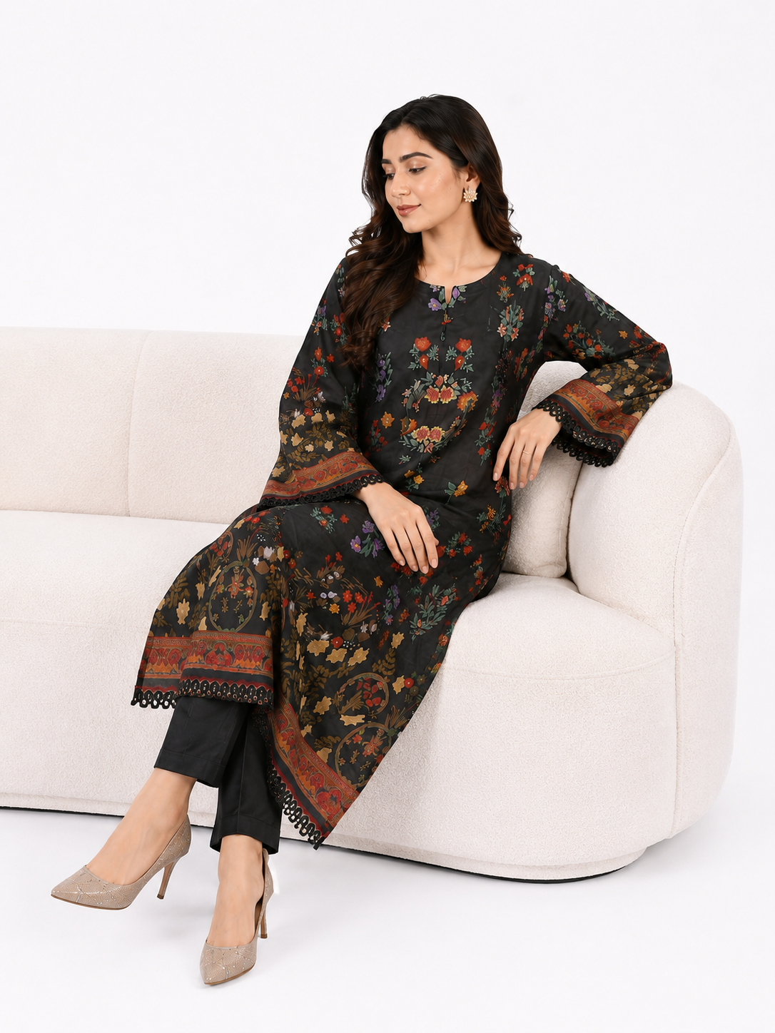 2PC Midnight Black Floral Printed Kaftan