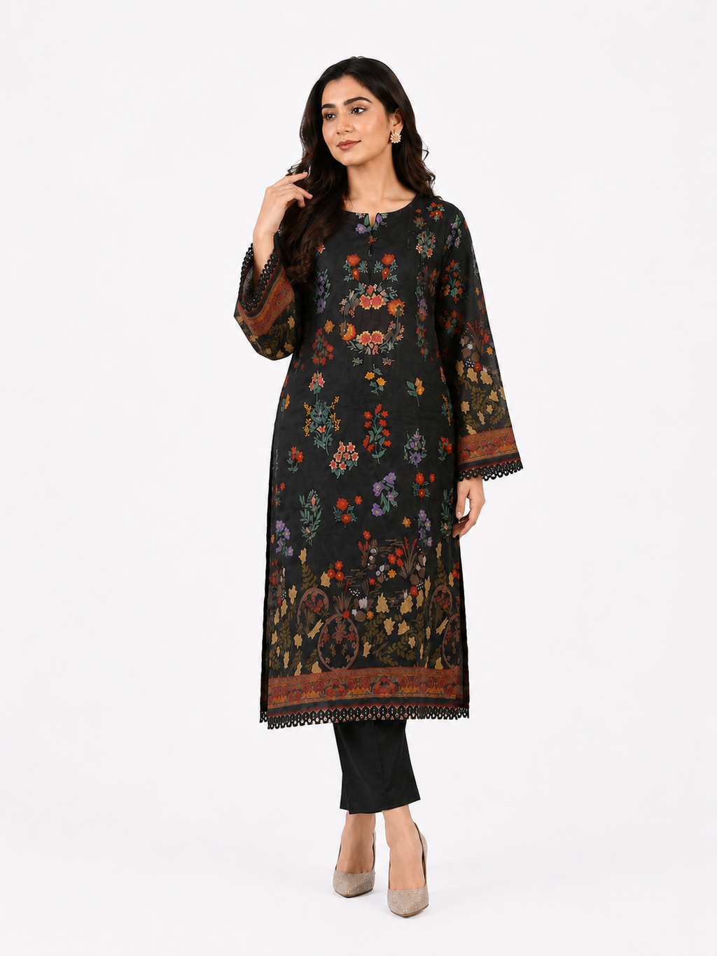 2PC Midnight Black Floral Printed Kaftan