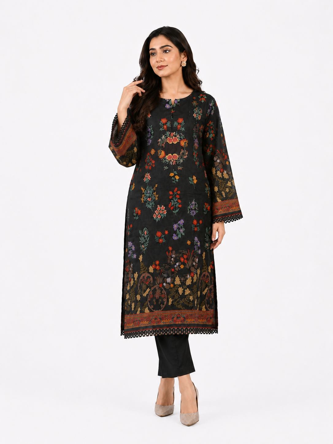 2PC Midnight Black Floral Printed Kaftan