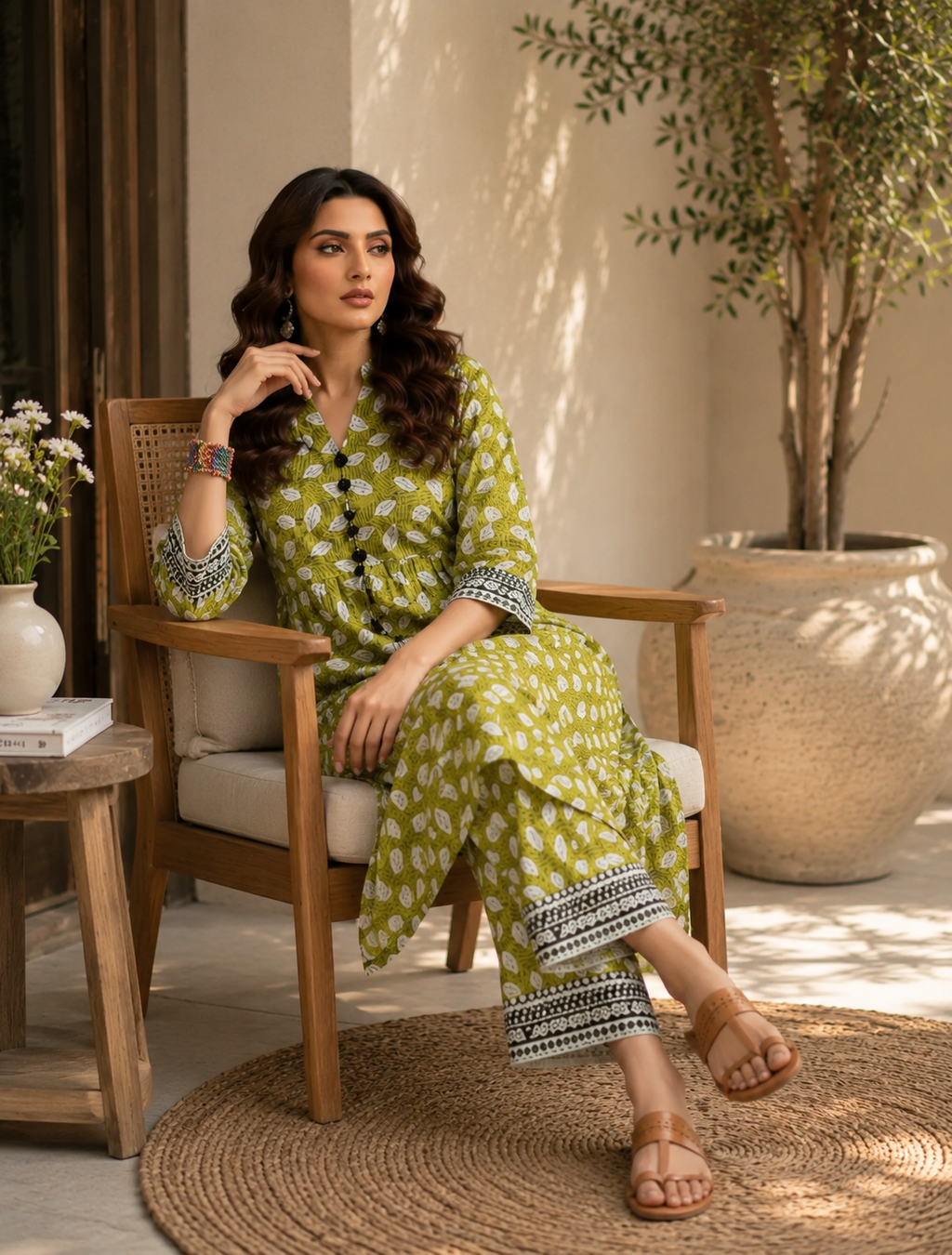Lime Green Leaf Print 2PC