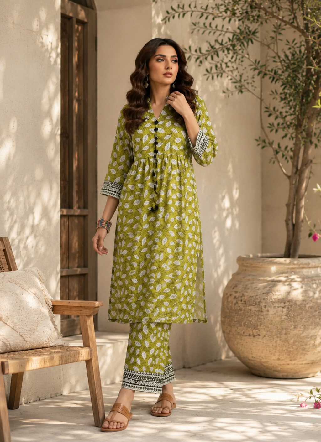 Lime Green Leaf Print 2PC