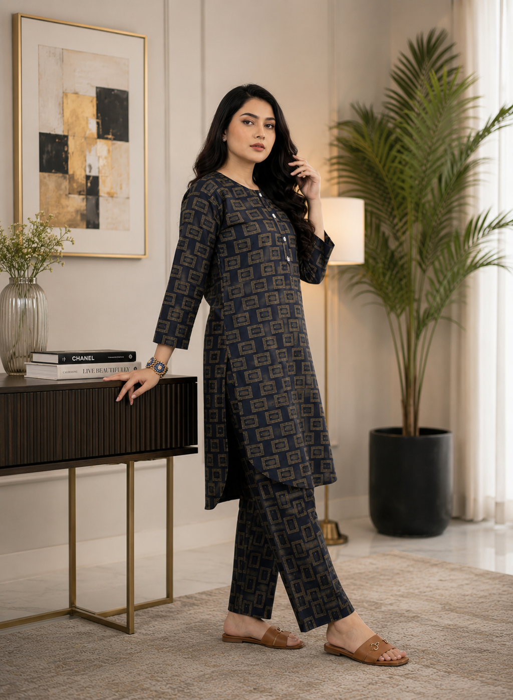2 Piece Navy Blue Geometric for Women
