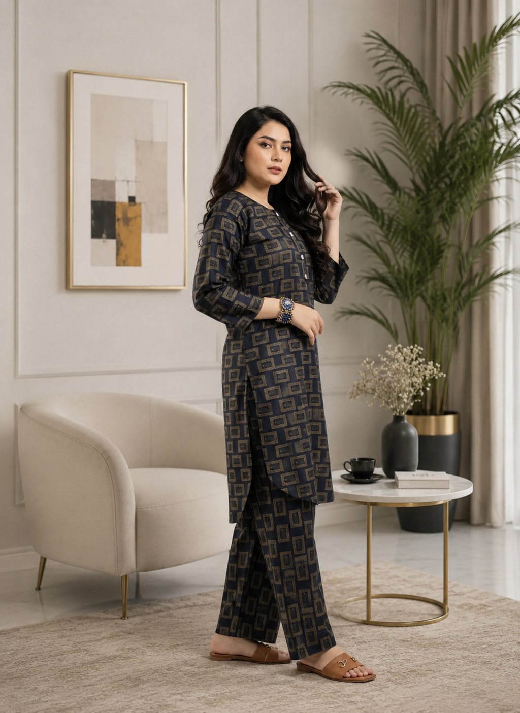 2 Piece Navy Blue Geometric for Women