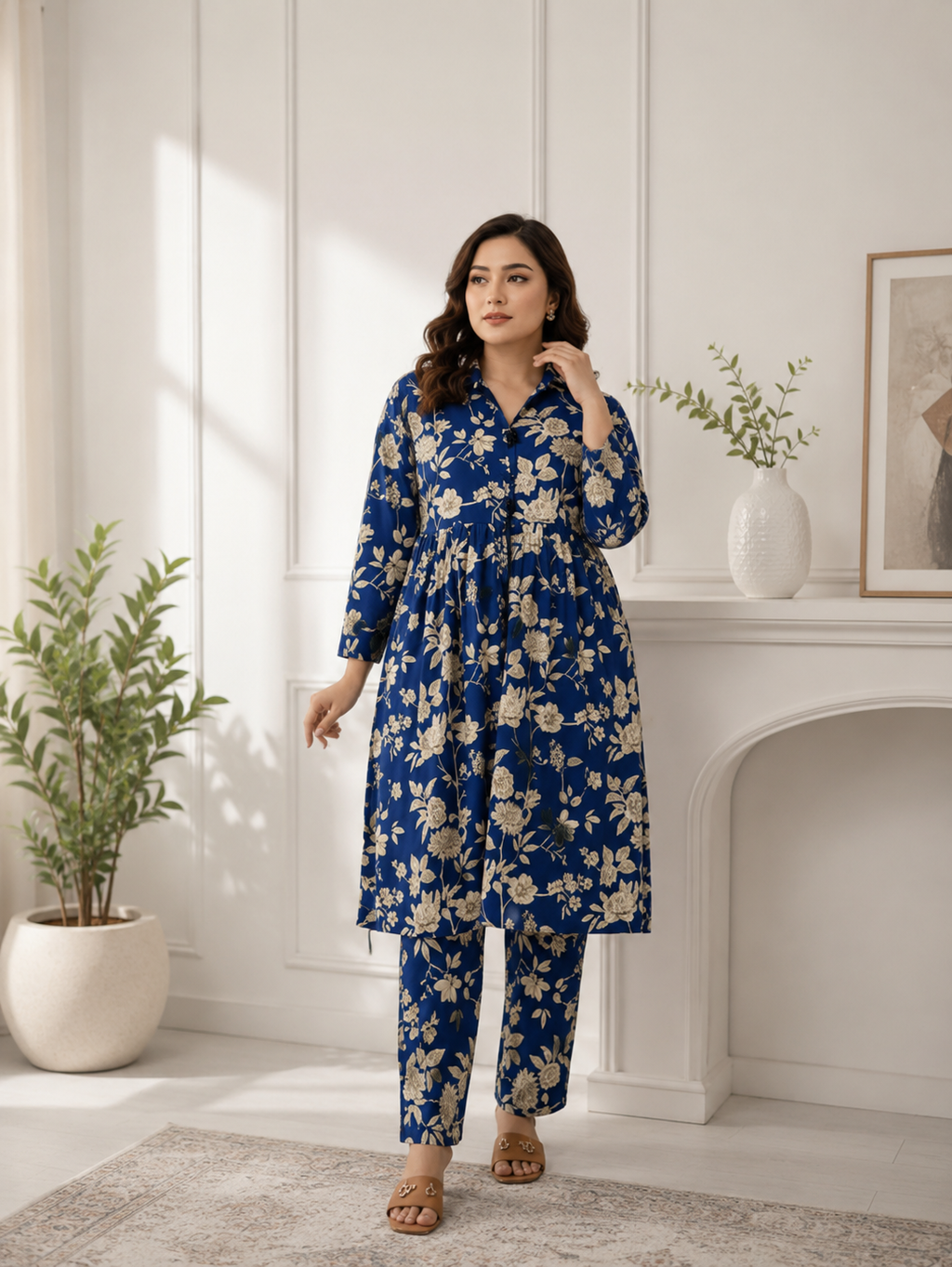 2-Piece Royal Blue Floral Printed Suit