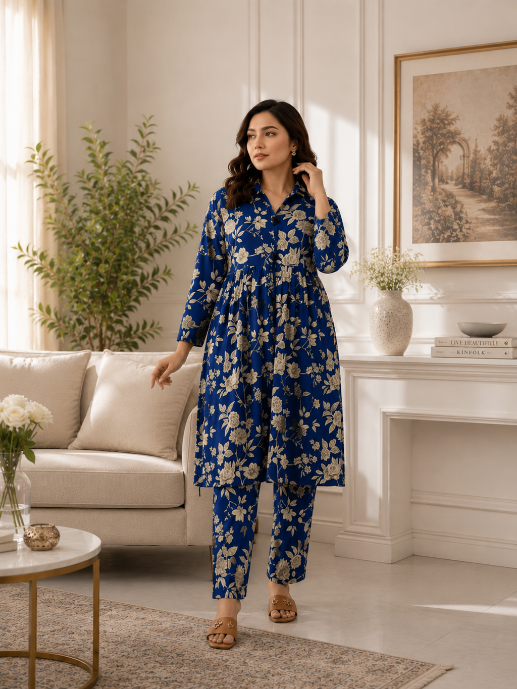 2-Piece Royal Blue Floral Printed Suit