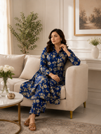 2-Piece Royal Blue Floral Printed Suit