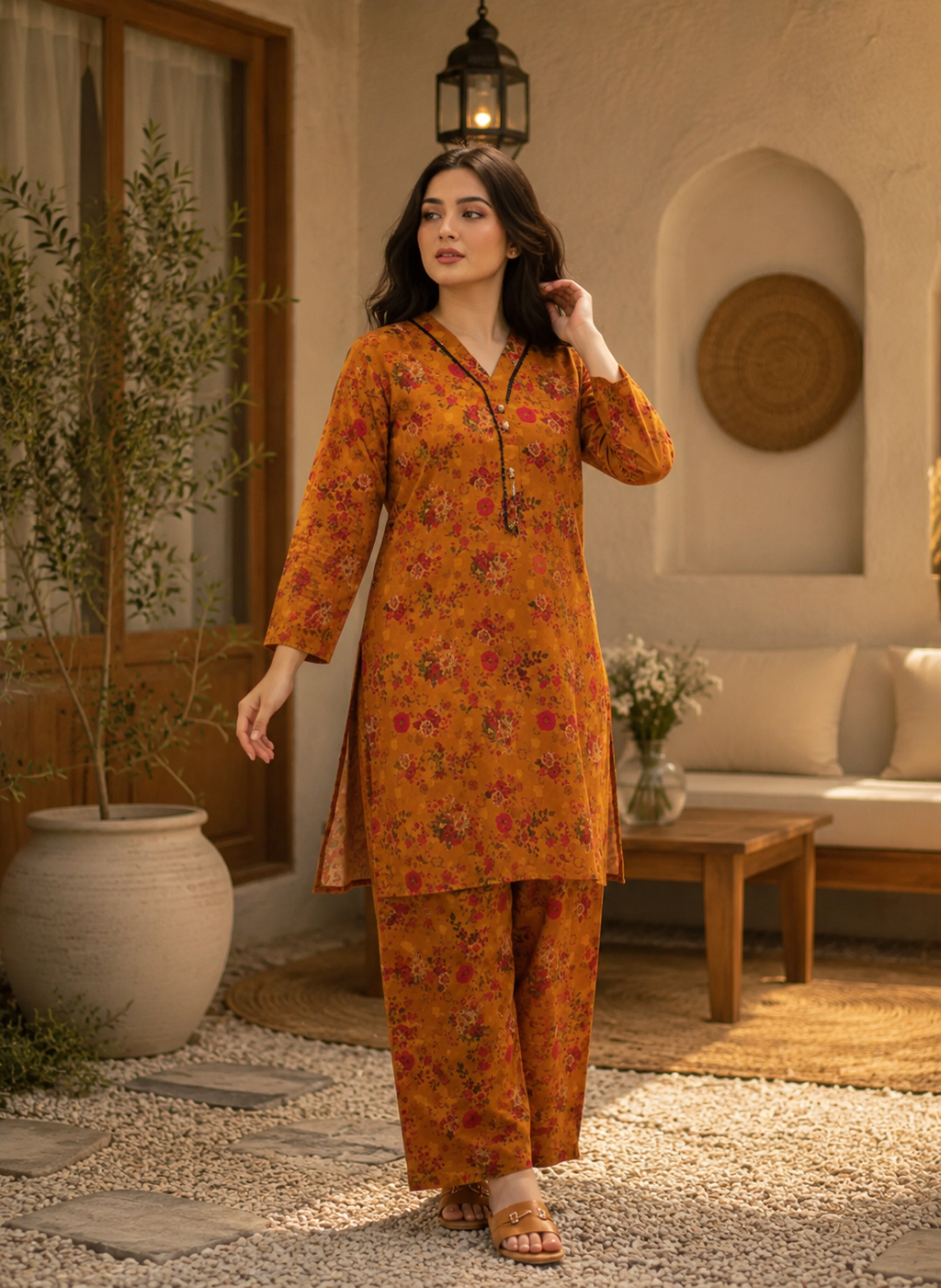 Sunset Ochre Floral Print 2PC