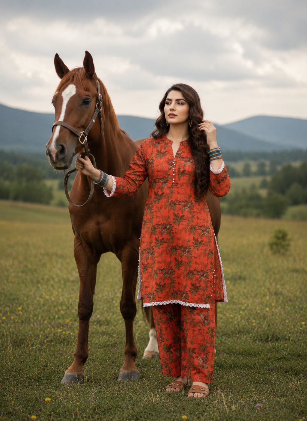 2-Piece Orange  Rust Printed Suit