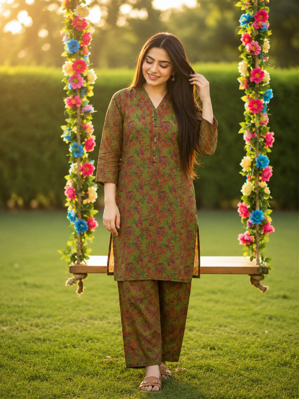 2-Piece Olive Green Floral  Suit