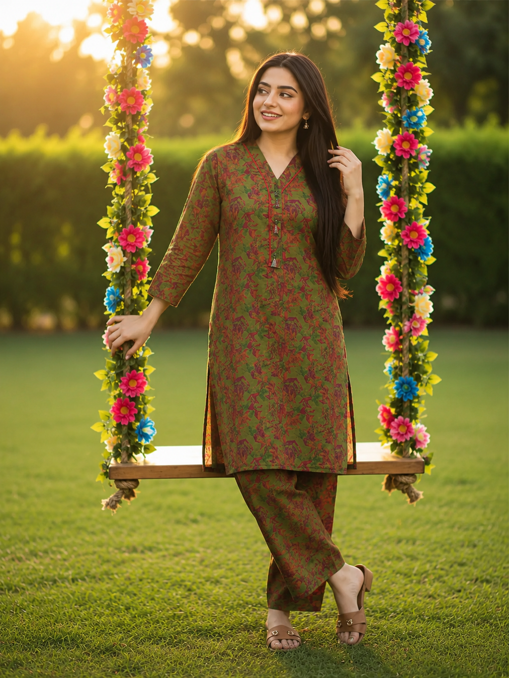 2-Piece Olive Green Floral  Suit