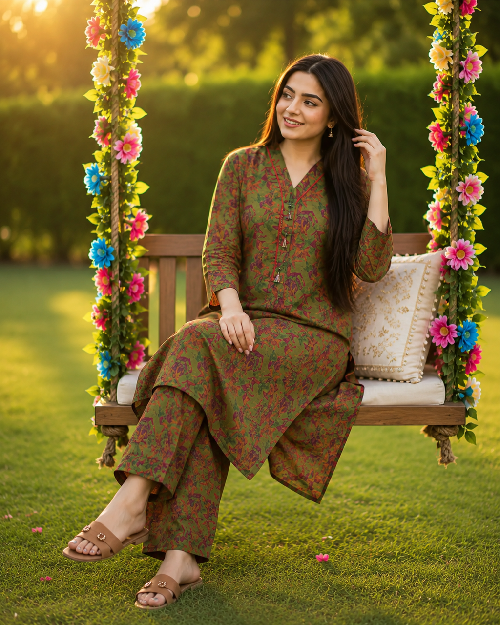 2-Piece Olive Green Floral  Suit
