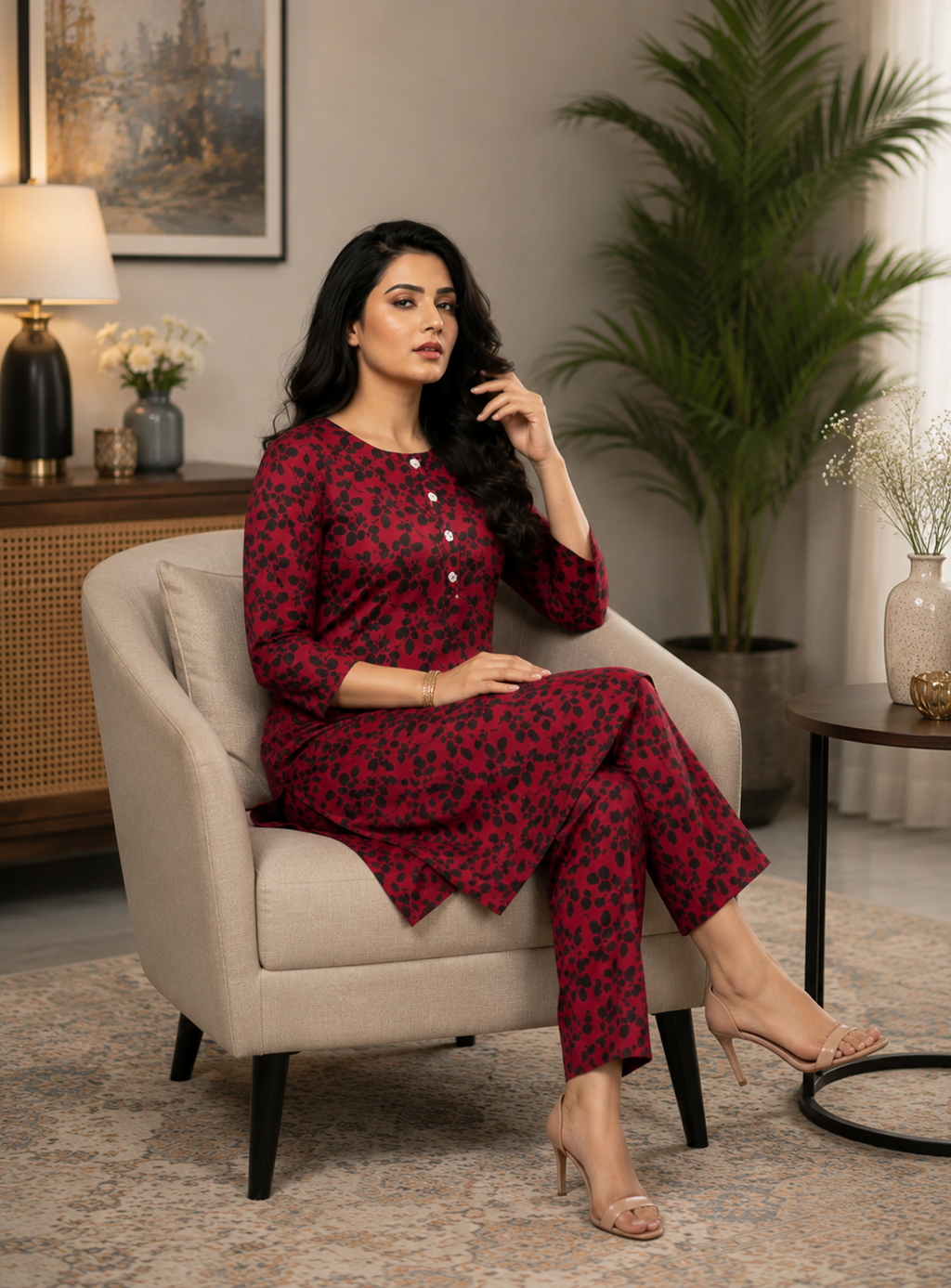 2-Piece Maroon Floral Printed  Suit
