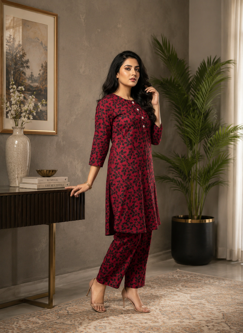 2-Piece Maroon Floral Printed  Suit