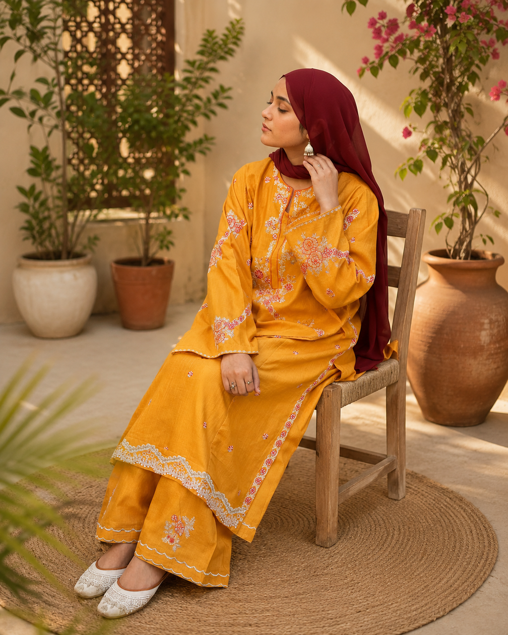 3-Piece Mustard Yellow Embroidered Suit