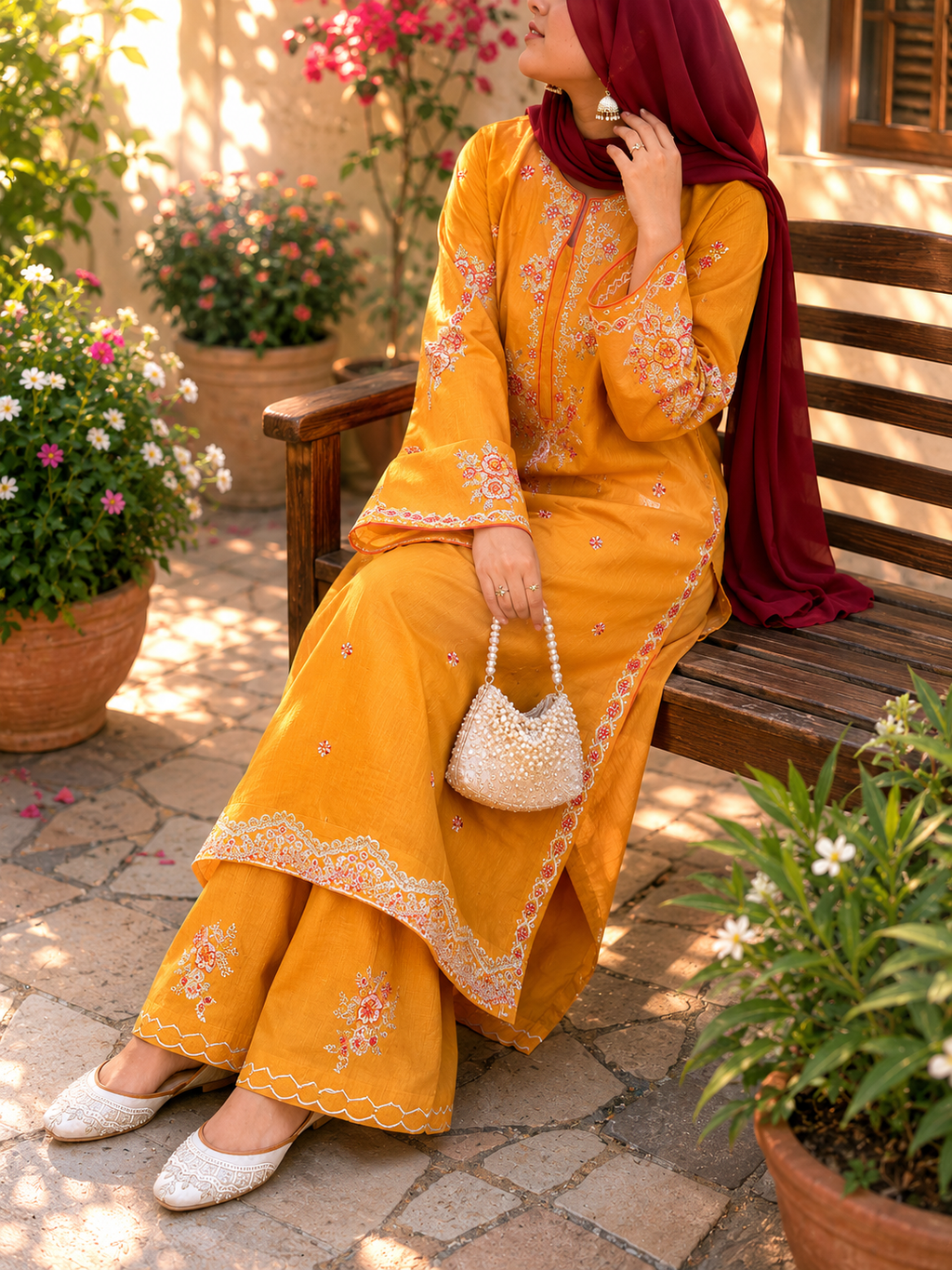 3-Piece Mustard Yellow Embroidered Suit