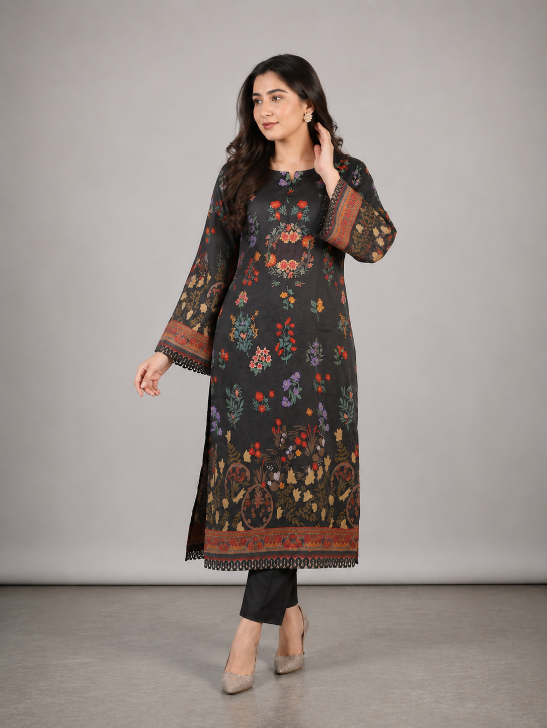 2PC Midnight Black Floral Printed Kaftan