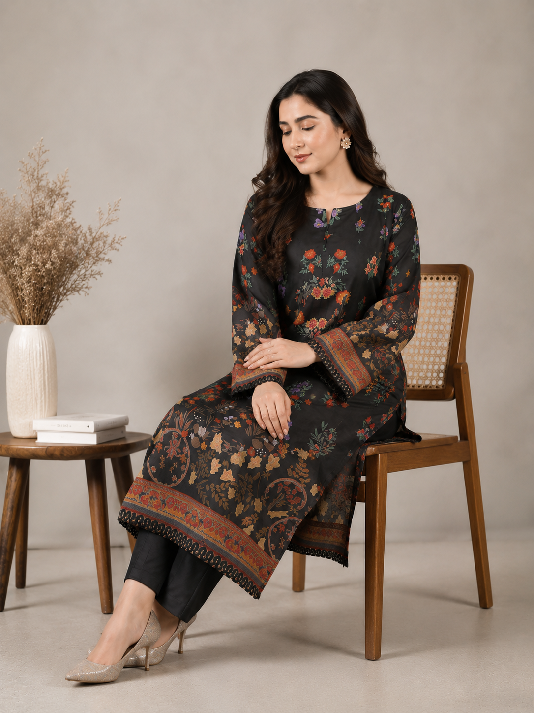 2PC Midnight Black Floral Printed Kaftan