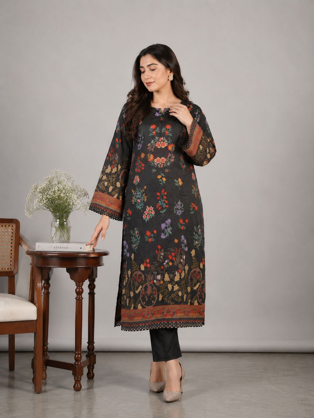 2PC Midnight Black Floral Printed Kaftan