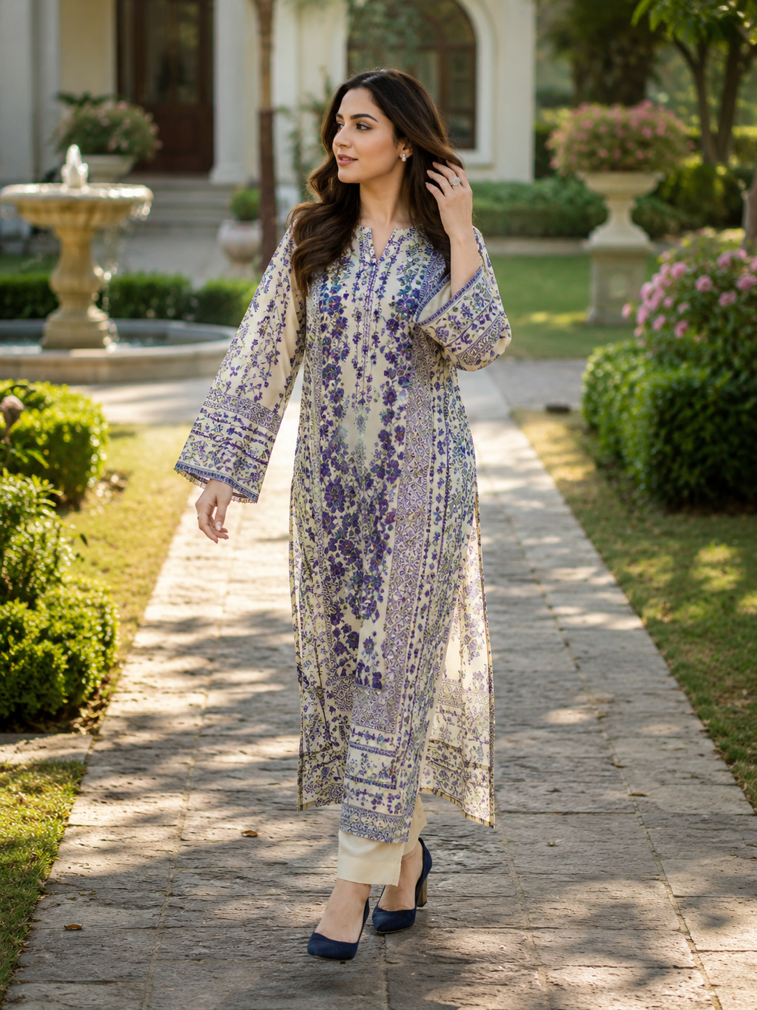 2PC Royal Blue & Ivory Printed Kaftan