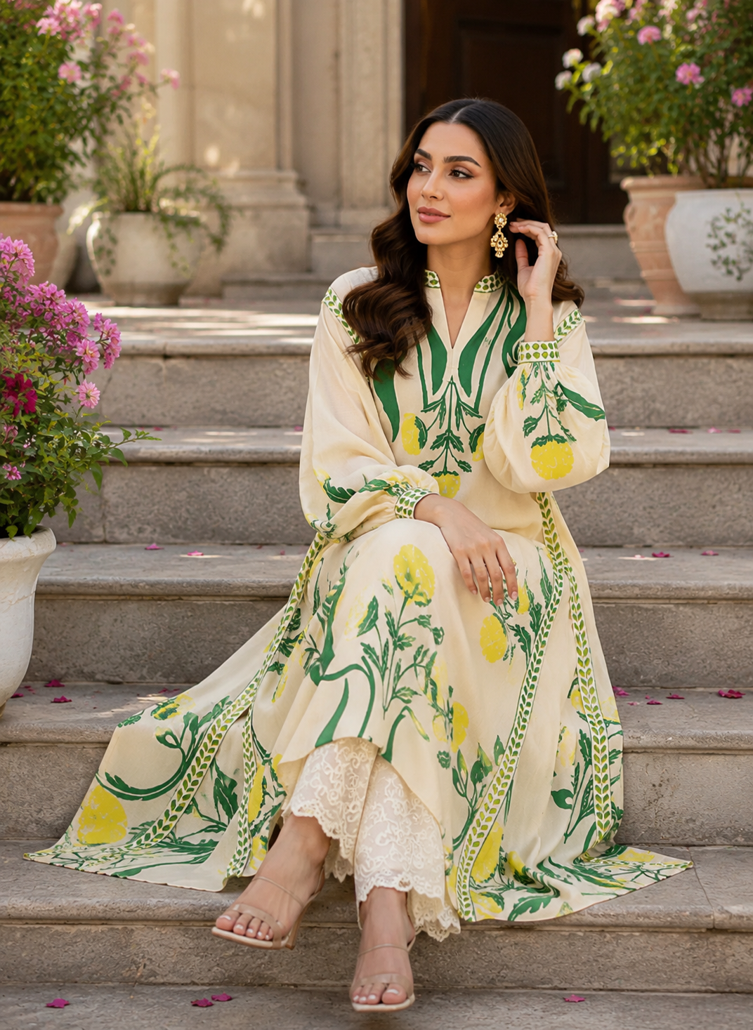 2pc lvory & Sage Botanical Printed CO-ORD Set
