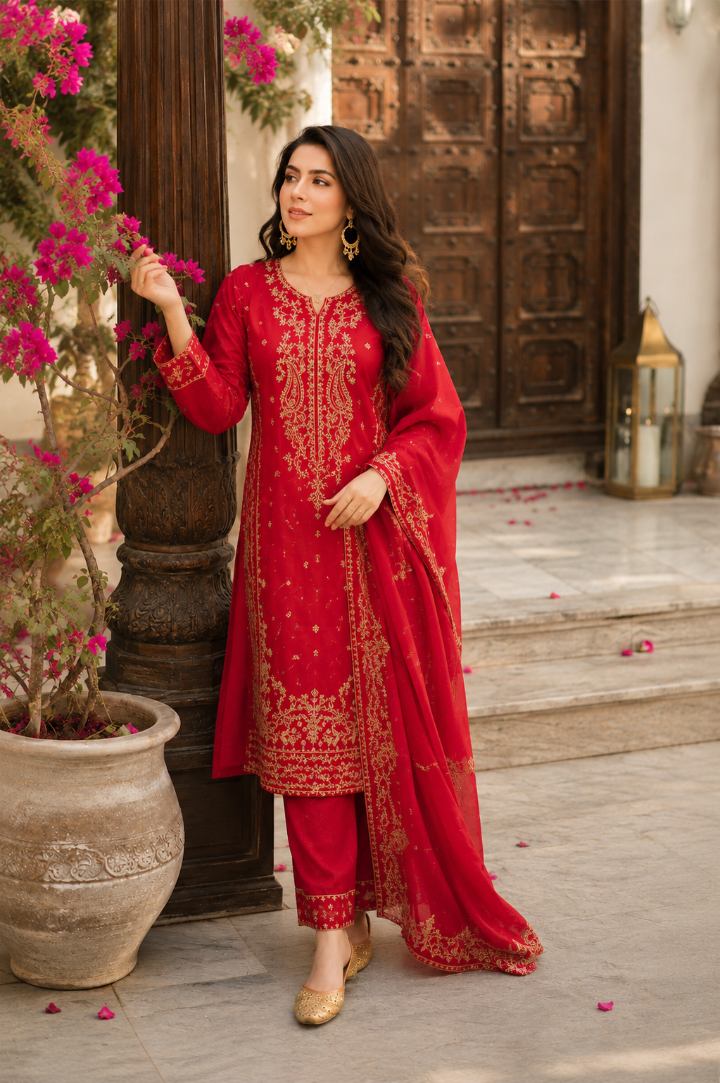 Elegant Red Embroidered 2PC