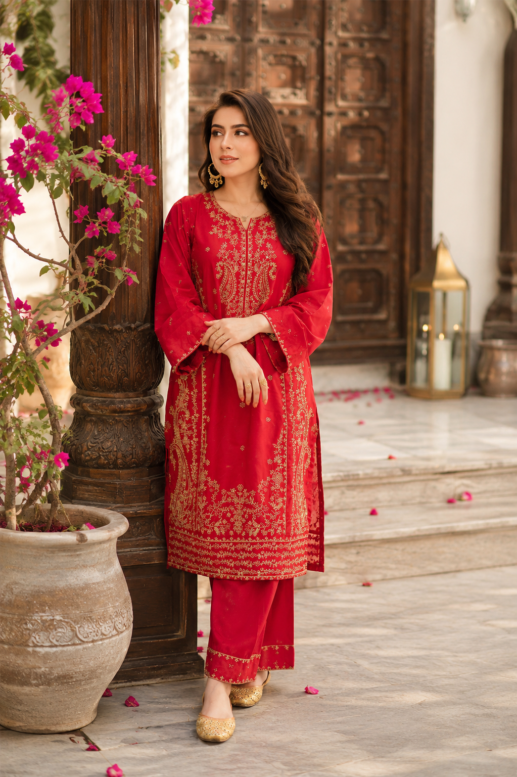 Elegant Red Embroidered 2PC