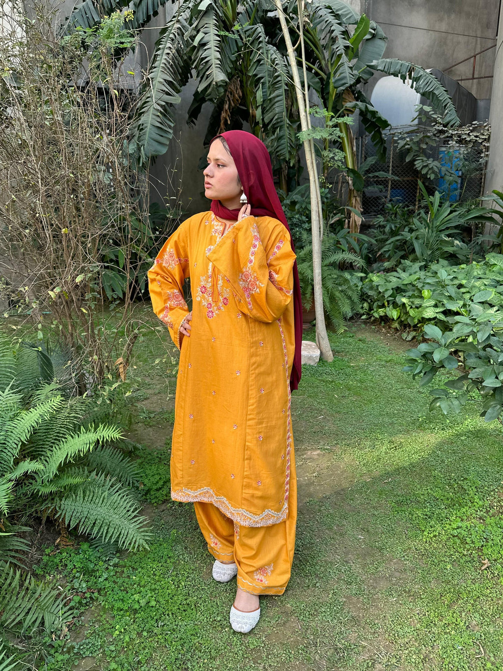 3-Piece Mustard Yellow Embroidered  Suit