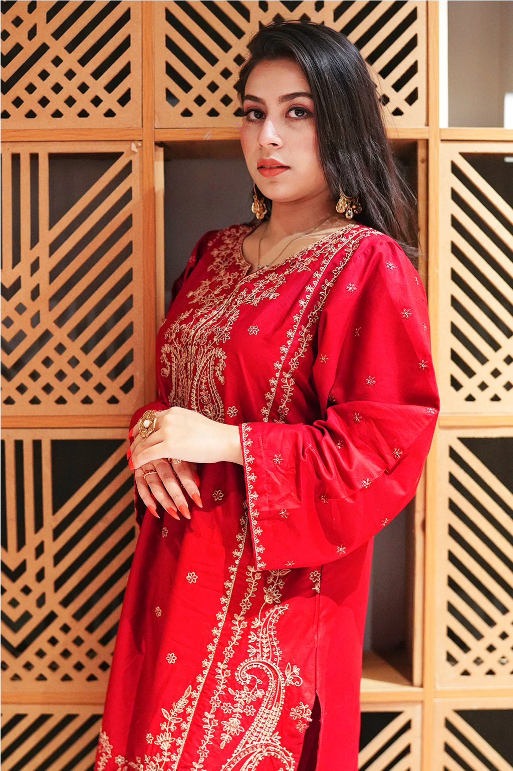 Elegant Red Embroidered Lawn Suit