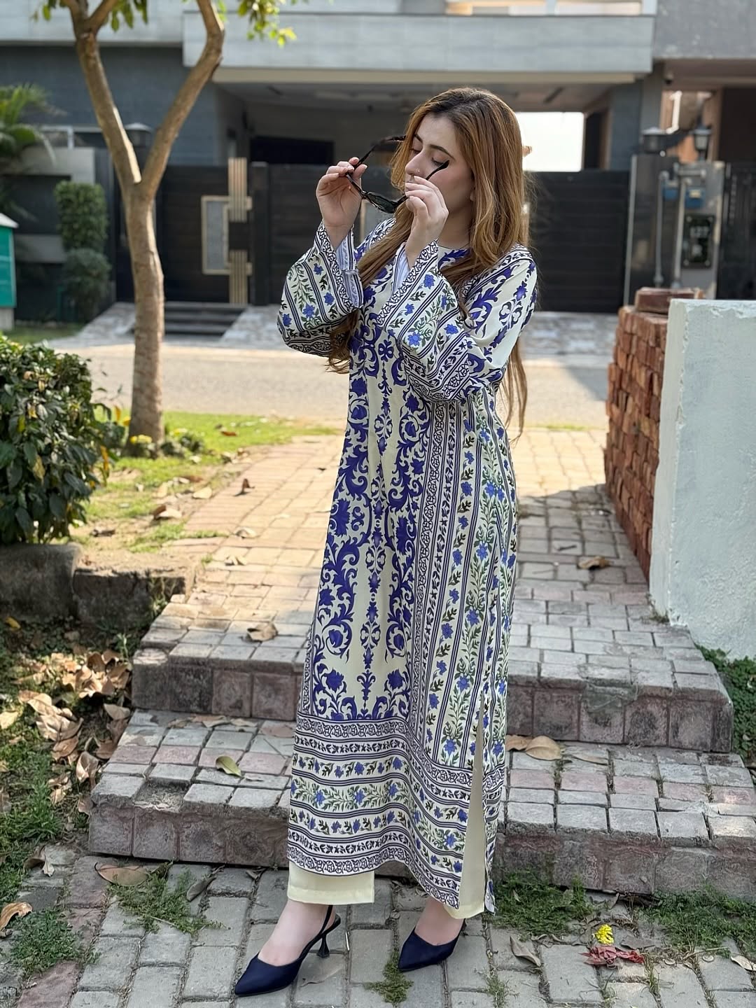 2PC Royal Blue & Ivory Printed Kaftan