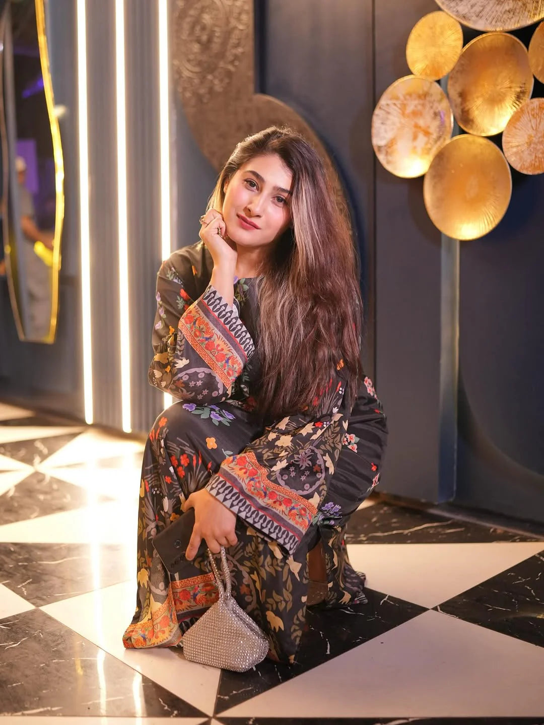 2PC Midnight Black Floral Printed Kaftan
