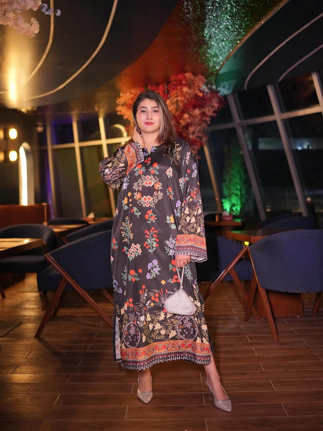 2PC Midnight Black Floral Printed Kaftan