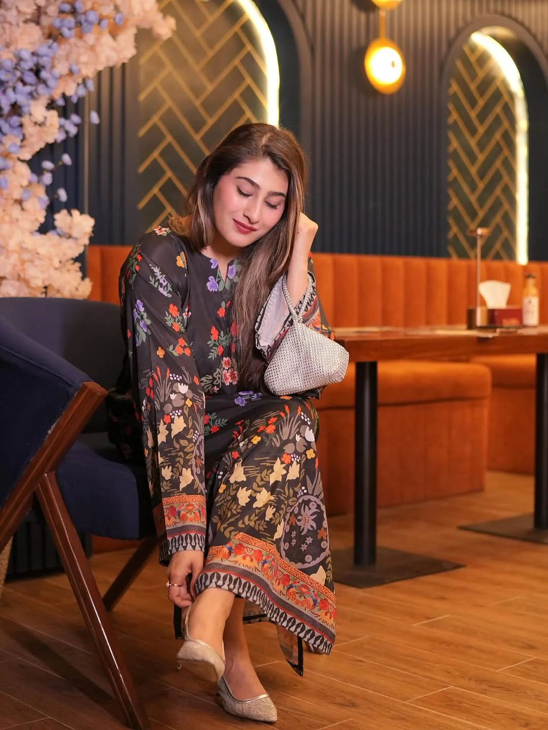 2PC Midnight Black Floral Printed Kaftan